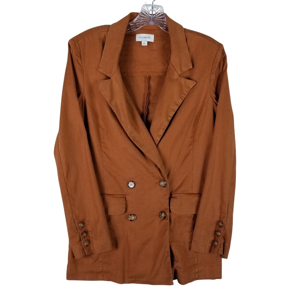 Evereve Blazer Women XS Burnt Orange Linen Blend Double Breasted Herringbone